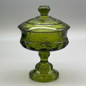 Vintage Indiana Glass Kings Crown Thumbprint Lidded Candy Dish Pedestal Bowl